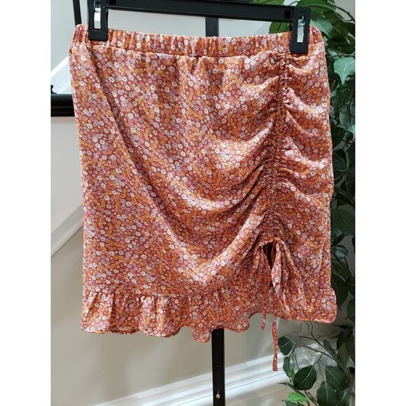 Moa Moa Straight & Pencil Skirt Womens Orange Floral Elastic Waist Ruffle Trim M - Picture 6 of 10